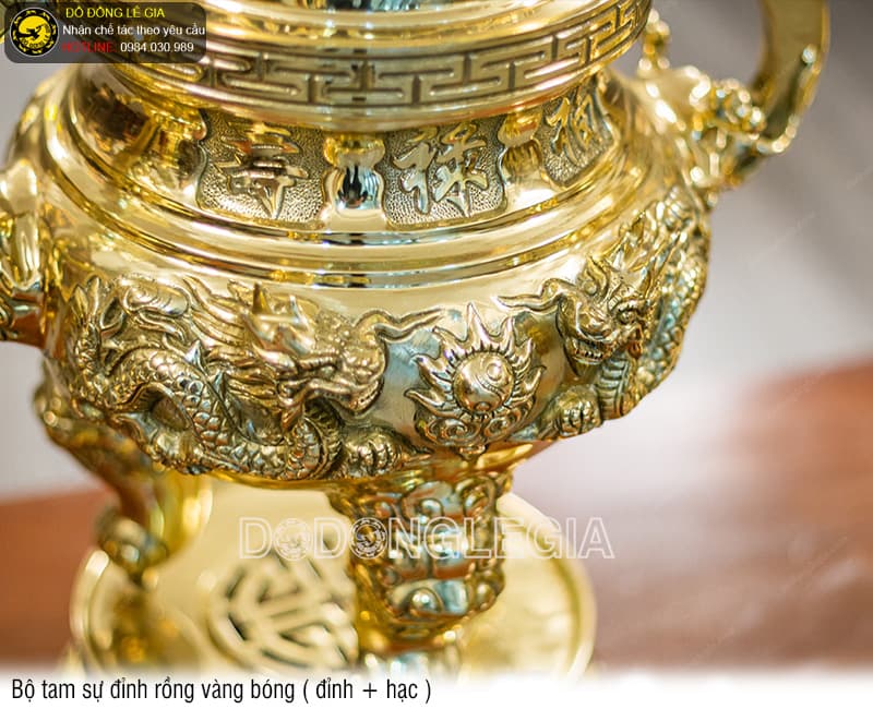 Bộ Tam Sự Đỉnh Rồng vàng bóng (Đỉnh và Hạc)