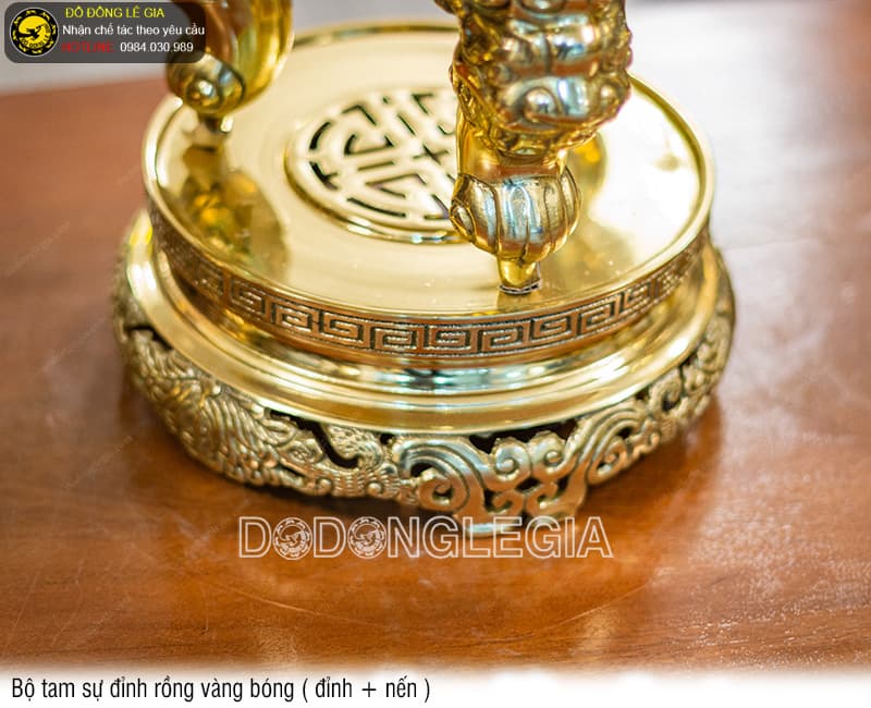 Bộ Tam Sự Đỉnh Rồng vàng bóng (Đỉnh và Nến)