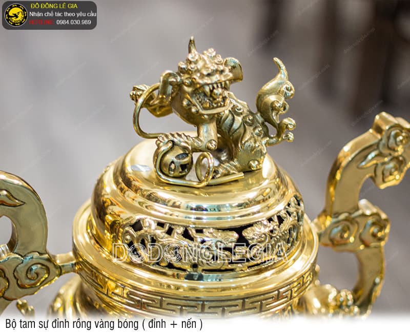 Bộ Tam Sự Đỉnh Rồng vàng bóng (Đỉnh và Nến)