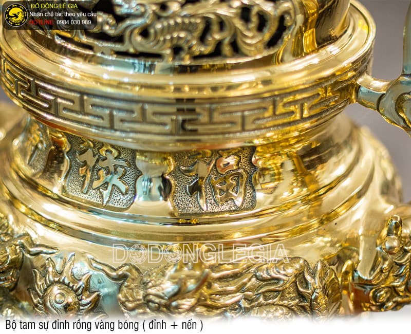 Bộ Tam Sự Đỉnh Rồng vàng bóng (Đỉnh và Nến)