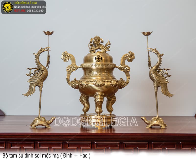 Bộ Tam Sự Đỉnh Sòi mộc mạ (Đỉnh và Hạc)