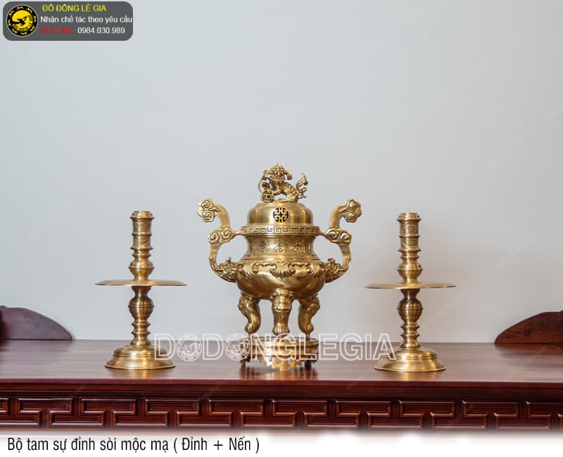 Bộ Tam Sự Đỉnh Sòi mộc mạ (Đỉnh và Nến)