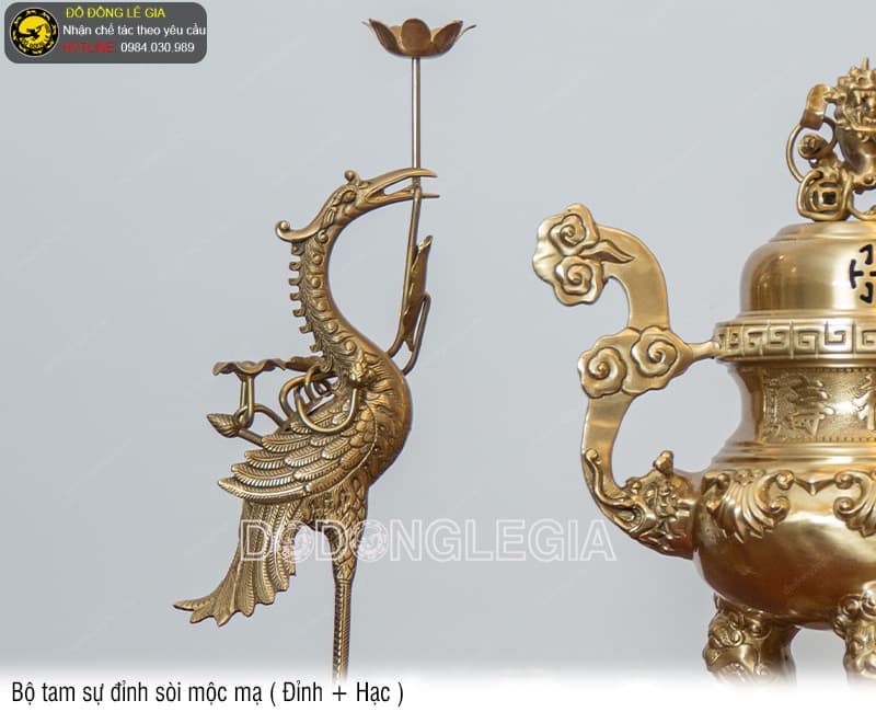 Bộ Tam Sự Đỉnh Sòi mộc mạ (Đỉnh và Hạc)