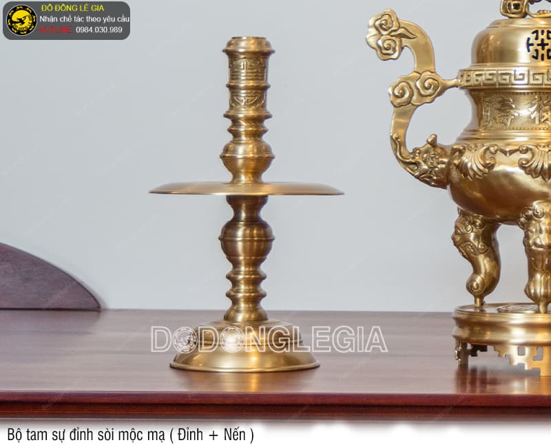 Bộ Tam Sự Đỉnh Sòi mộc mạ (Đỉnh và Nến)