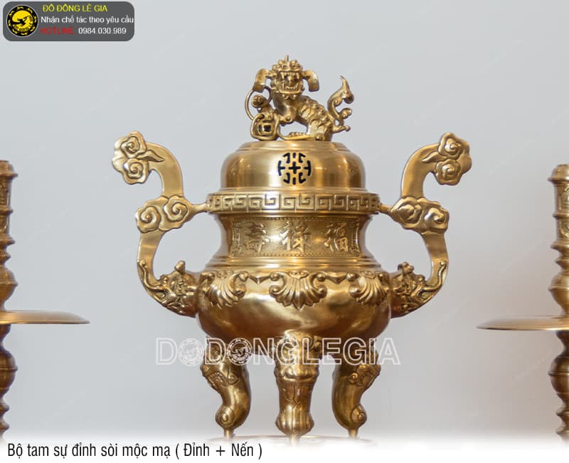 Bộ Tam Sự Đỉnh Sòi mộc mạ (Đỉnh và Nến)