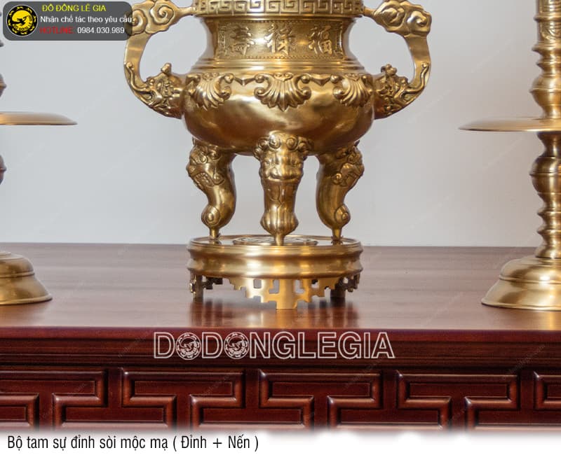 Bộ Tam Sự Đỉnh Sòi mộc mạ (Đỉnh và Nến)