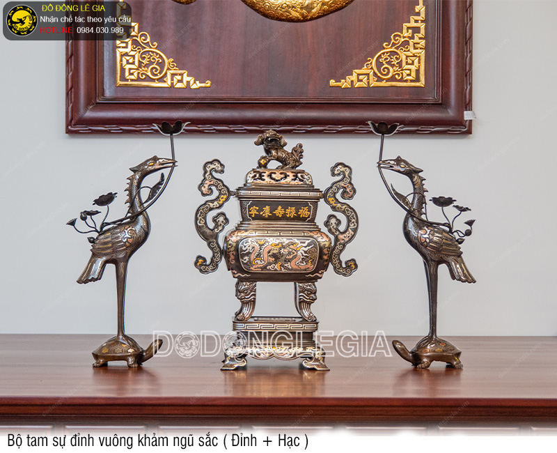 Bộ Tam Sự Đỉnh Vuông khảm ngũ sắc (Đỉnh và Hạc)