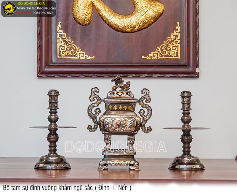 Bộ Tam Sự Đỉnh Vuông khảm ngũ sắc (Đỉnh và Nến)