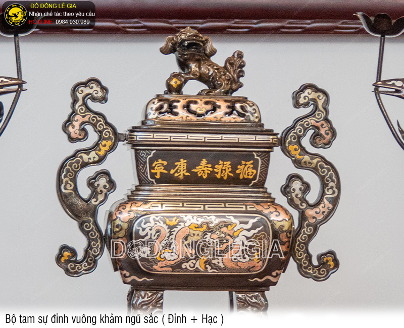 Bộ Tam Sự Đỉnh Vuông khảm ngũ sắc (Đỉnh và Hạc)