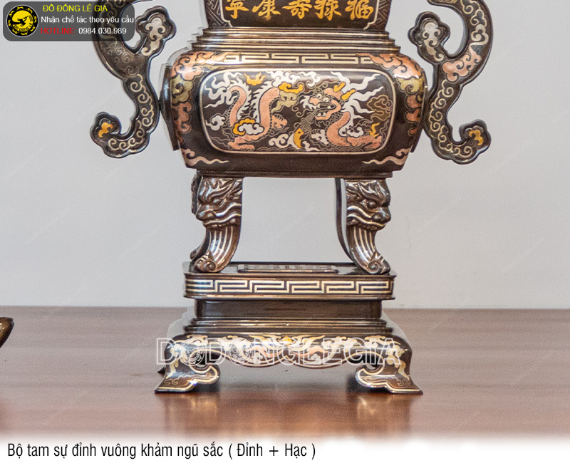 Bộ Tam Sự Đỉnh Vuông khảm ngũ sắc (Đỉnh và Hạc)