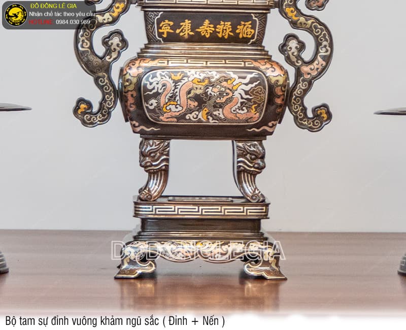 Bộ Tam Sự Đỉnh Vuông khảm ngũ sắc (Đỉnh và Nến)