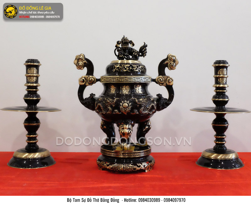 Bộ ngũ sự bằng đồng sơn đen chạm rồng phượng cao 50cm