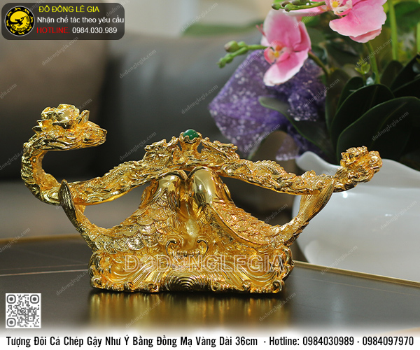 Tượng Đôi Cá Chép Gậy Như Ý Bằng Đồng Mạ Vàng Dài 36cm