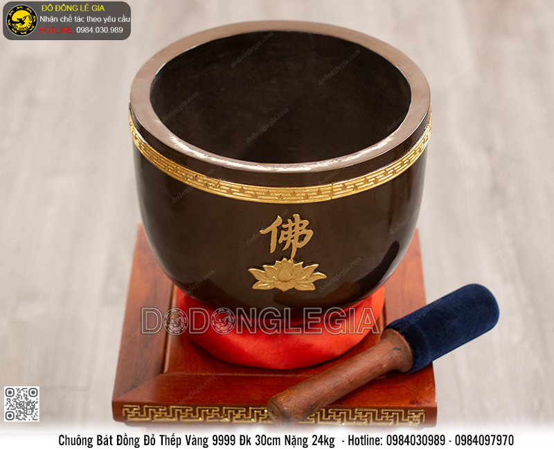 Chuông Bát ĐK 30cm Bằng Đồng Đỏ Thếp Vàng 9999