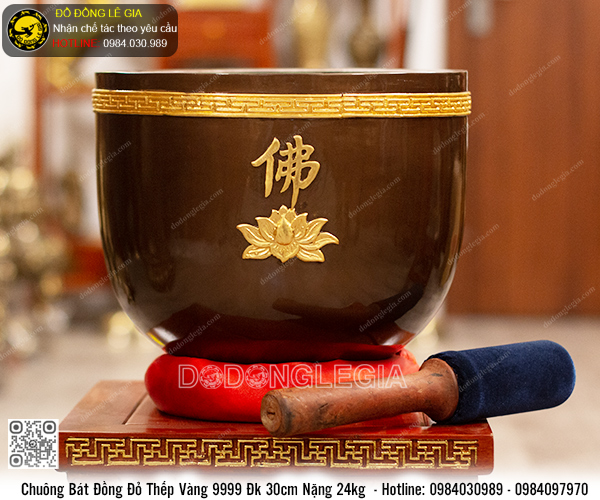 Chuông Bát ĐK 30cm Bằng Đồng Đỏ Thếp Vàng 9999