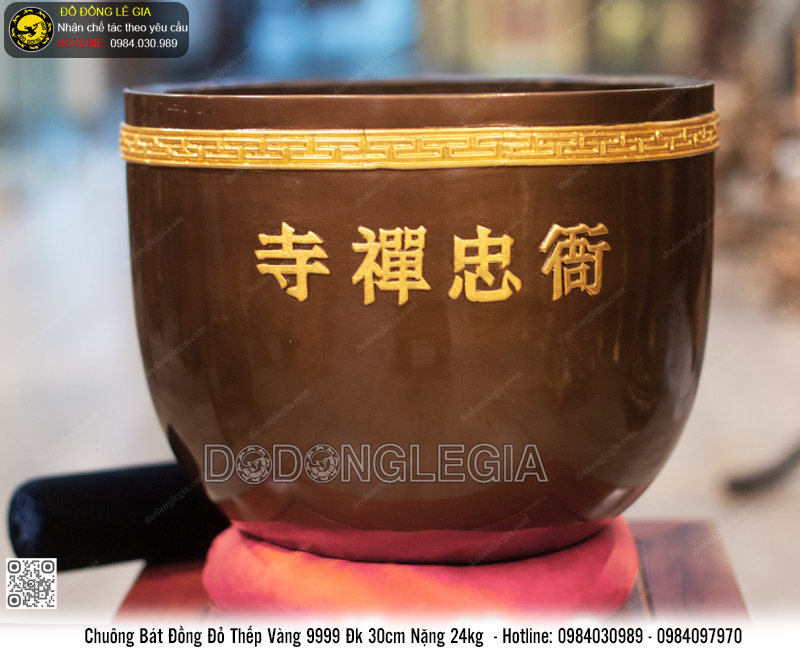 Chuông Bát ĐK 30cm Bằng Đồng Đỏ Thếp Vàng 9999