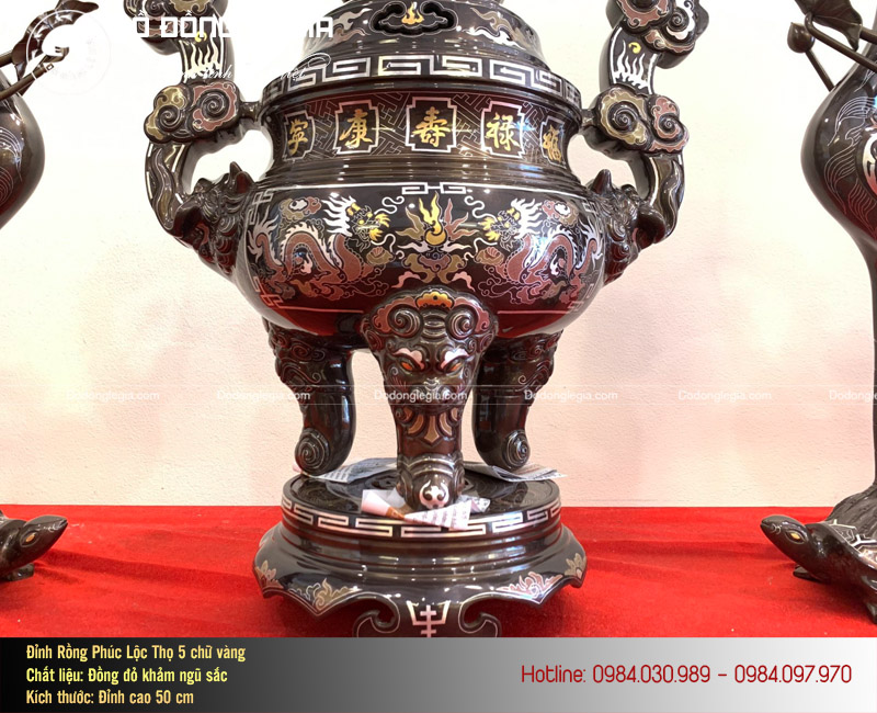 Bộ ngũ sự bằng đồng khảm ngũ sắc cao 50cm khảm 5 chữ vàng