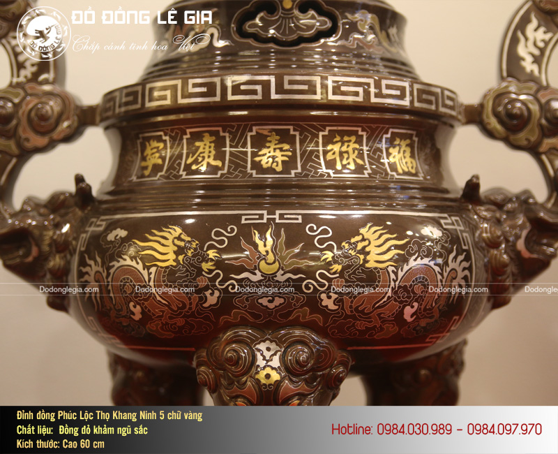 Bộ đồ thờ ngũ sự bằng đồng khảm ngũ sắc cao 60cm 5 chữ vàng