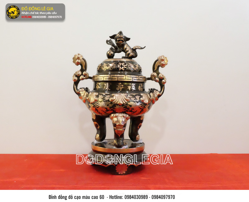 Bộ đồ thờ ngũ sự bằng đồng đỏ cạo màu phớt nỉ