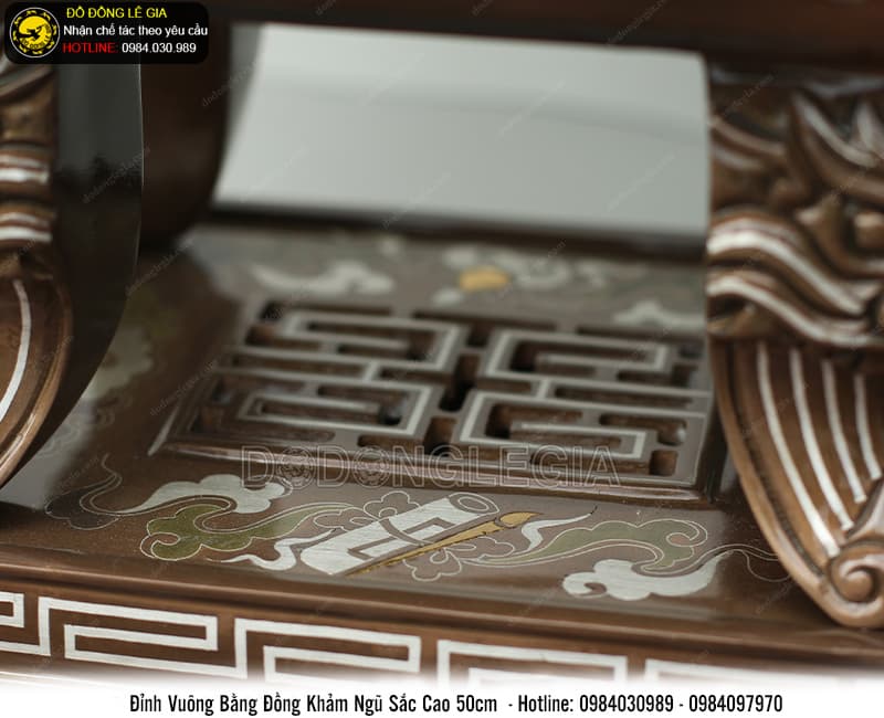 Đỉnh Vuông bằng đồng đỏ khảm ngũ sắc cao 50cm