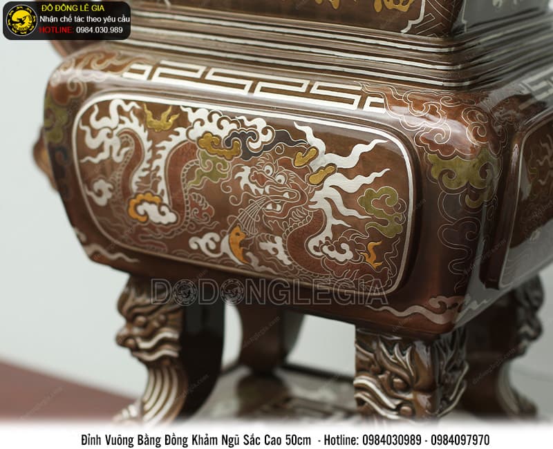 Đỉnh Vuông bằng đồng đỏ khảm ngũ sắc cao 50cm