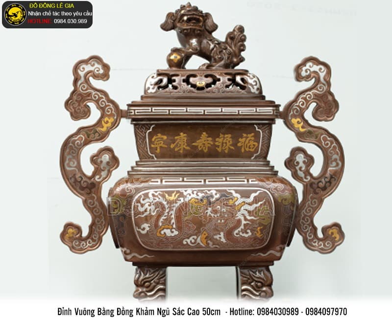 Đỉnh Vuông bằng đồng đỏ khảm ngũ sắc cao 50cm