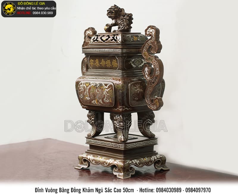 Đỉnh Vuông bằng đồng đỏ khảm ngũ sắc cao 50cm