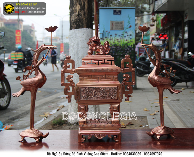 Bộ đồ thờ ngũ sự đỉnh vuông chạm tứ linh cao 60cm hàng thửa