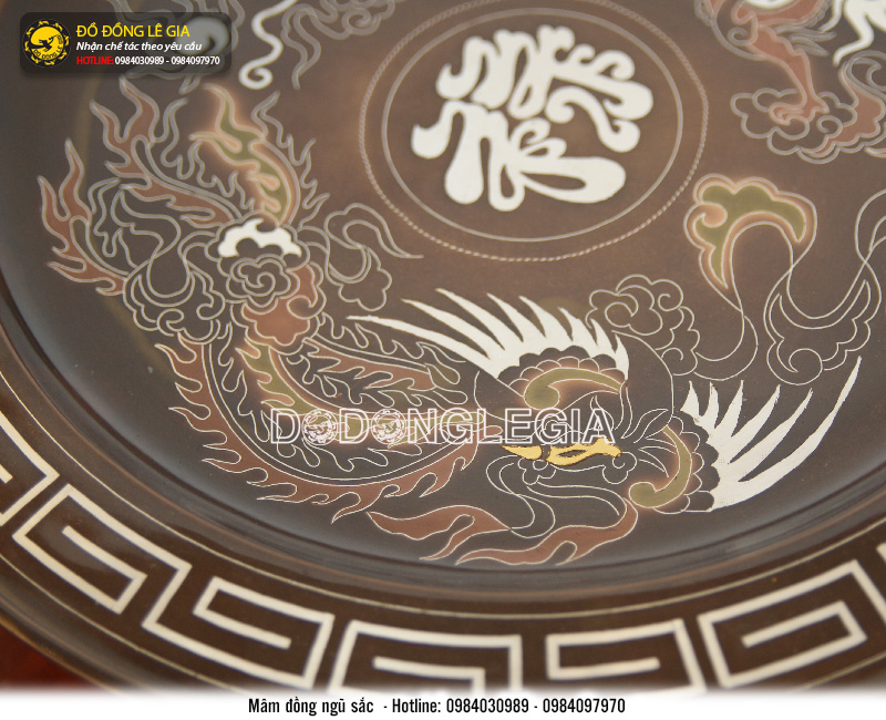 Mâm bồng ngũ sắc chạm hoa văn rồng phượng