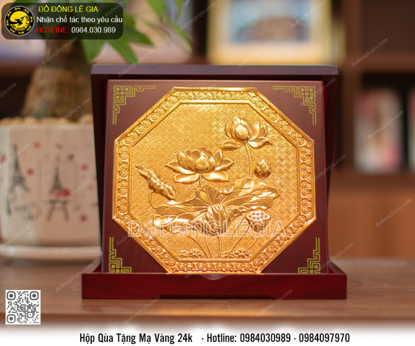 Hộp Mặt Đĩa Hoa Sen Lục Giác mạ vàng 24k 23 x 23cm