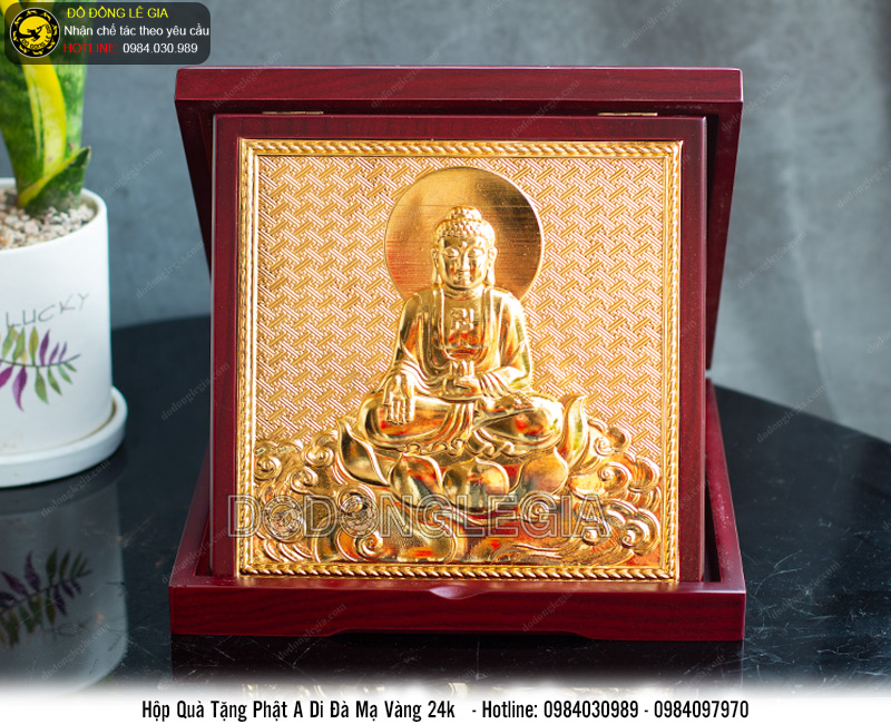 Hộp Mặt Đĩa Phật A Di Đà bằng đồng mạ vàng 24k 23x23cm