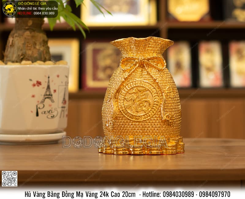 Túi Hũ Vàng Tài Lộc mạ vàng 24k cao 20cm