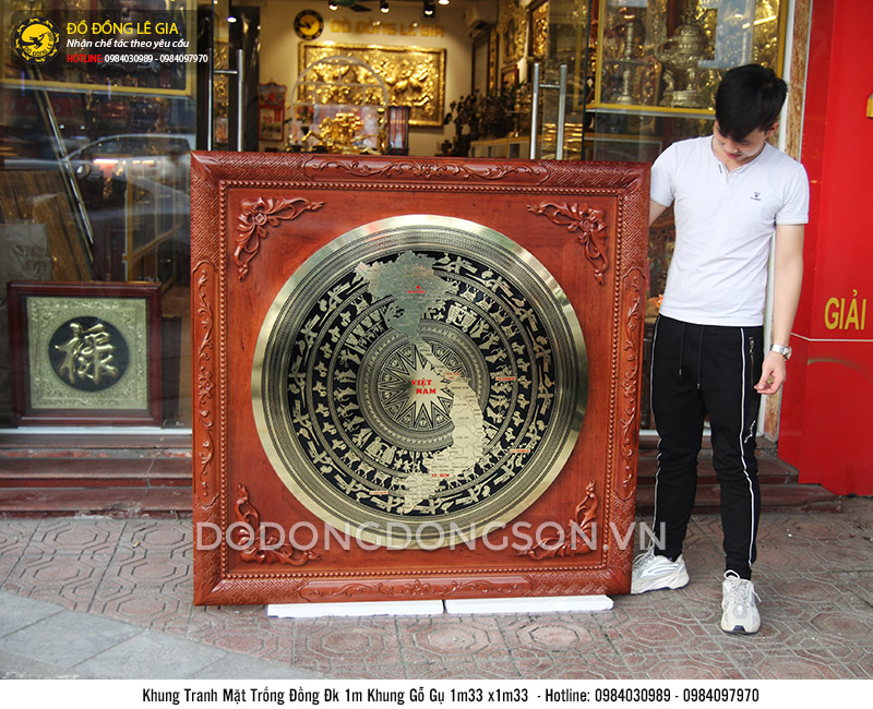 Tranh mặt trống đồng khung gỗ gụ