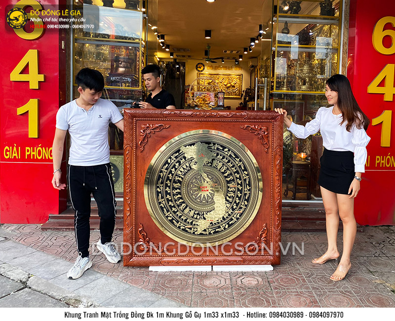 Tranh mặt trống đồng khung gỗ gụ