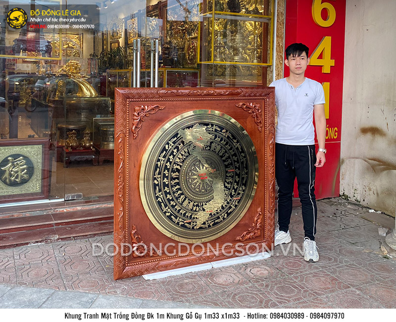 Tranh mặt trống đồng khung gỗ gụ