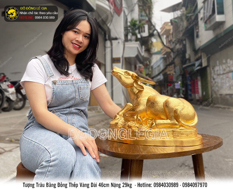 Tượng trâu phong thủy đại cát thếp vàng 9999