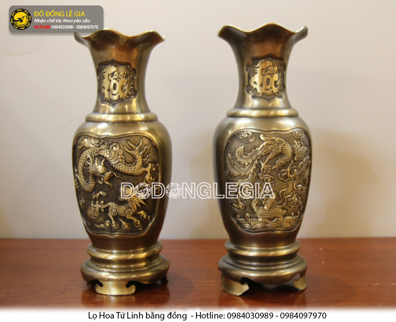 Lọ hoa Tứ Linh đồng vàng hai công nghệ