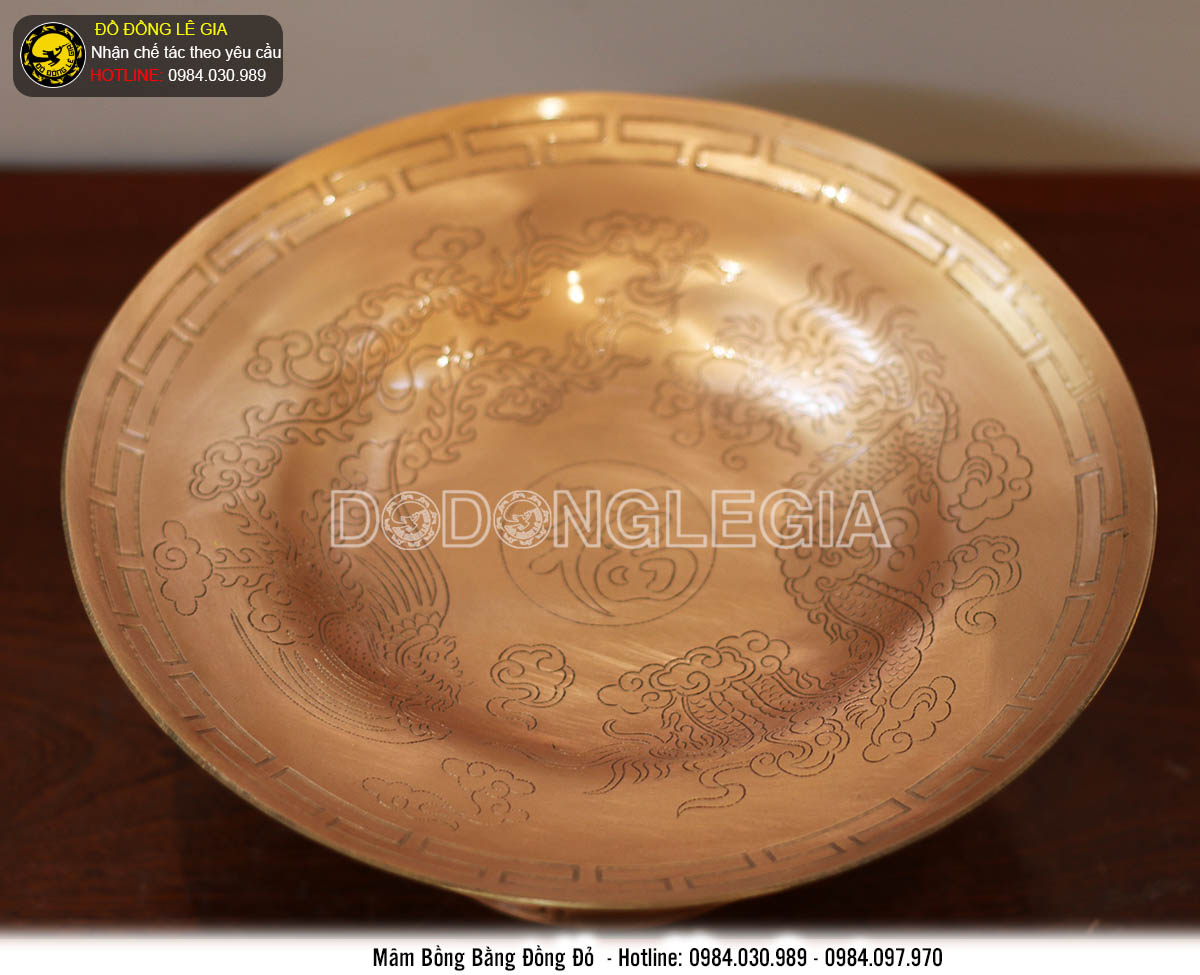 Mâm bồng bằng đồng đỏ chạm rồng phượng đẹp tinh xảo