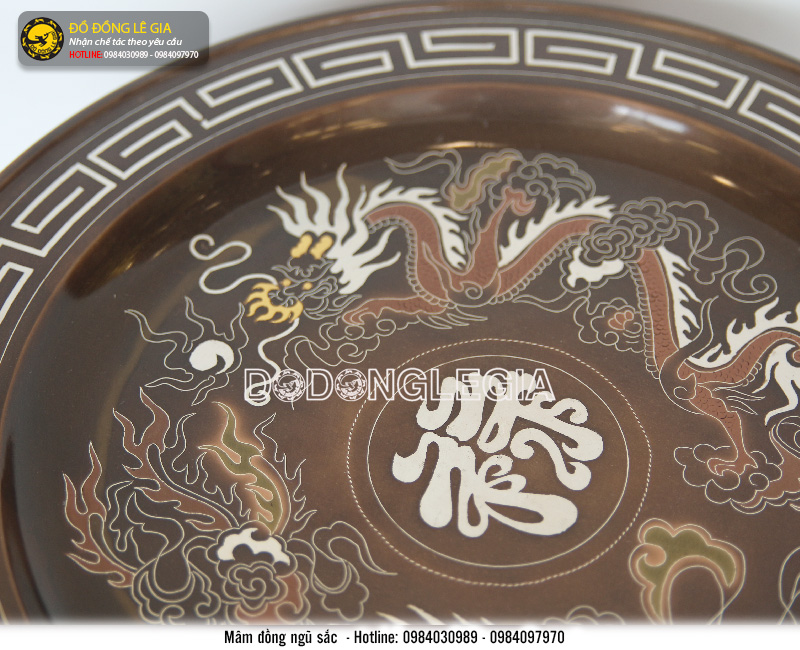 Mâm bồng ngũ sắc chạm hoa văn rồng phượng