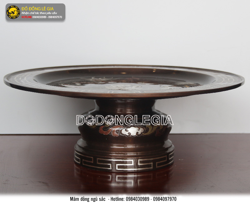 Mâm bồng ngũ sắc chạm hoa văn rồng phượng