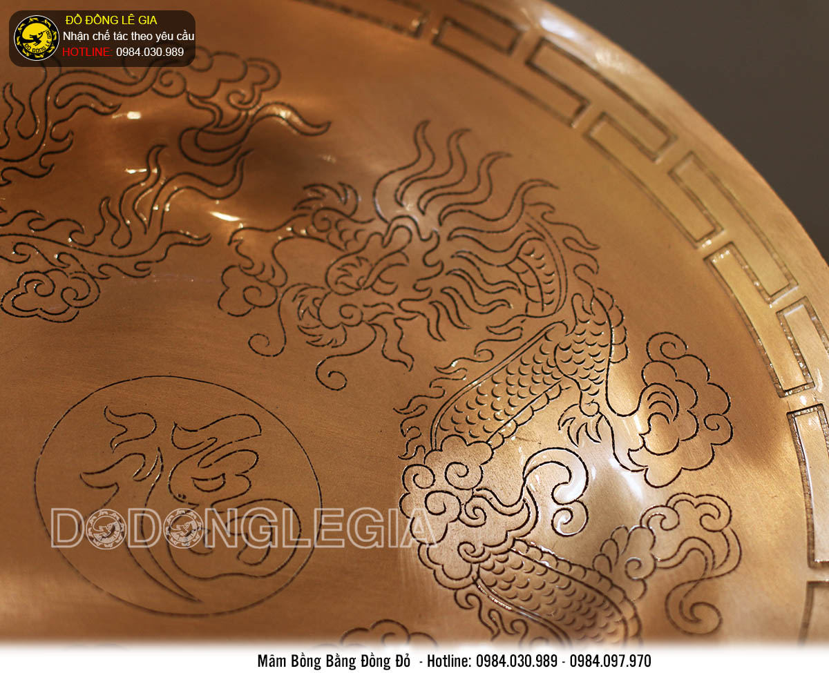 Mâm bồng bằng đồng đỏ chạm rồng phượng đẹp tinh xảo