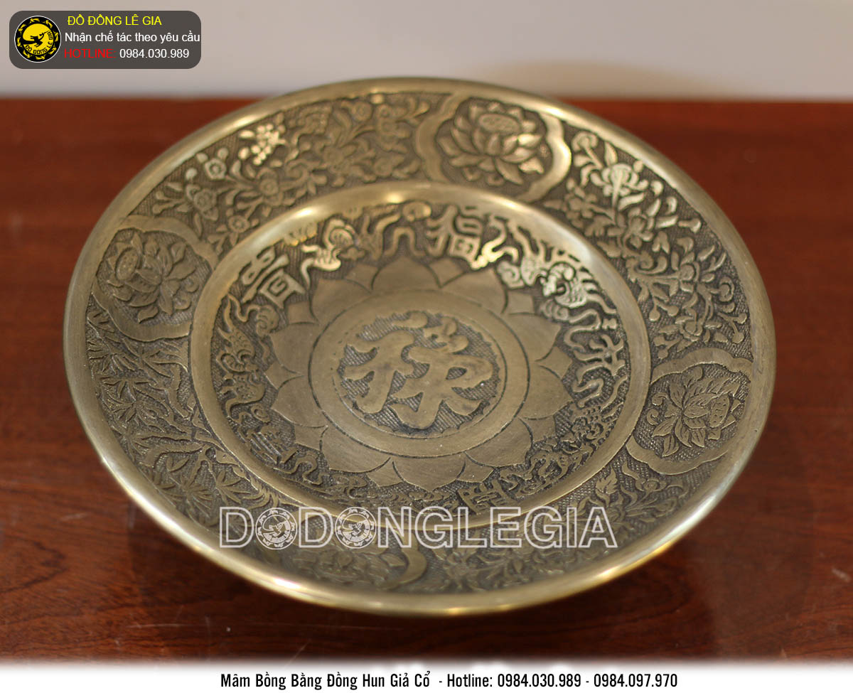 Mâm bồng bằng đồng hun giả cổ đựng hoa quả thờ cúng