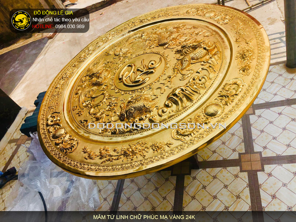 Mâm tứ linh Long Ly Quy Phụng mạ vàng 24k khung gỗ gụ 217cmx133cm