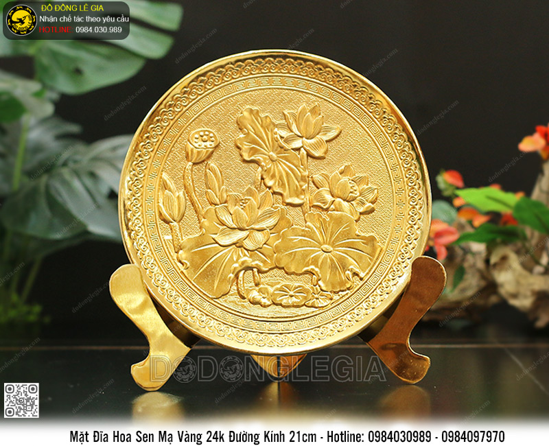 Biểu Trưng Mặt Đĩa Hoa Sen Bằng Đồng Mạ Vàng 24k ĐK 21cm
