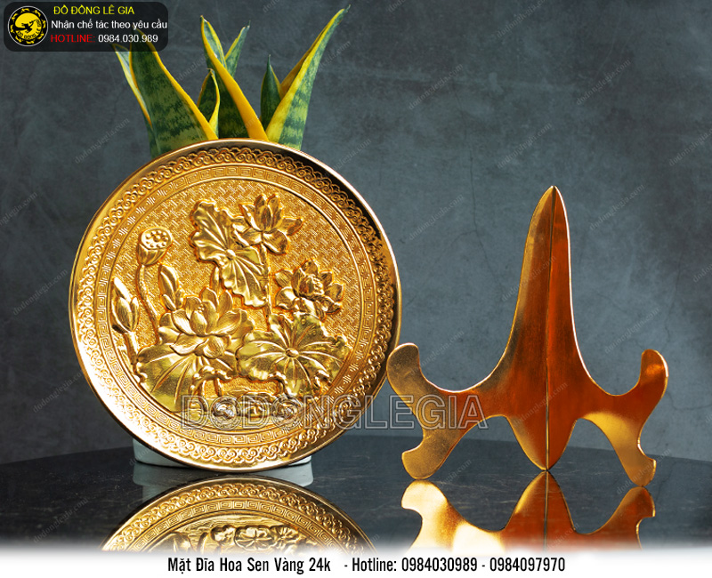 Mặt Đĩa Hoa Sen bằng đồng mạ vàng 24k ĐK21cm