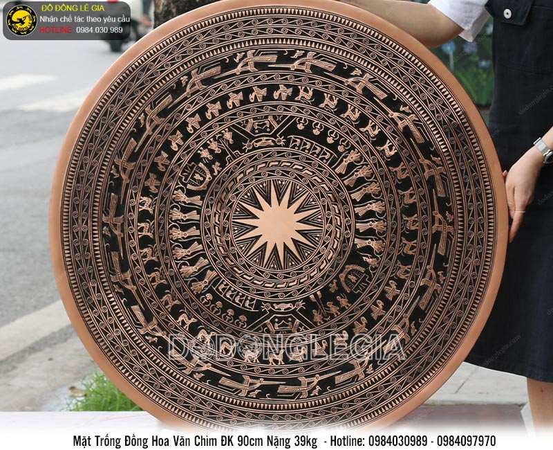 Mặt trống đồng đúc thủ công hoa văn nổi đường kính 90cm