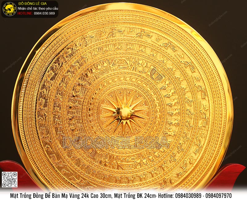 Biểu Trưng Mặt Trống Để Bàn Mạ Vàng 24k Cao 30cm, Mặt Trống ĐK 24cm
