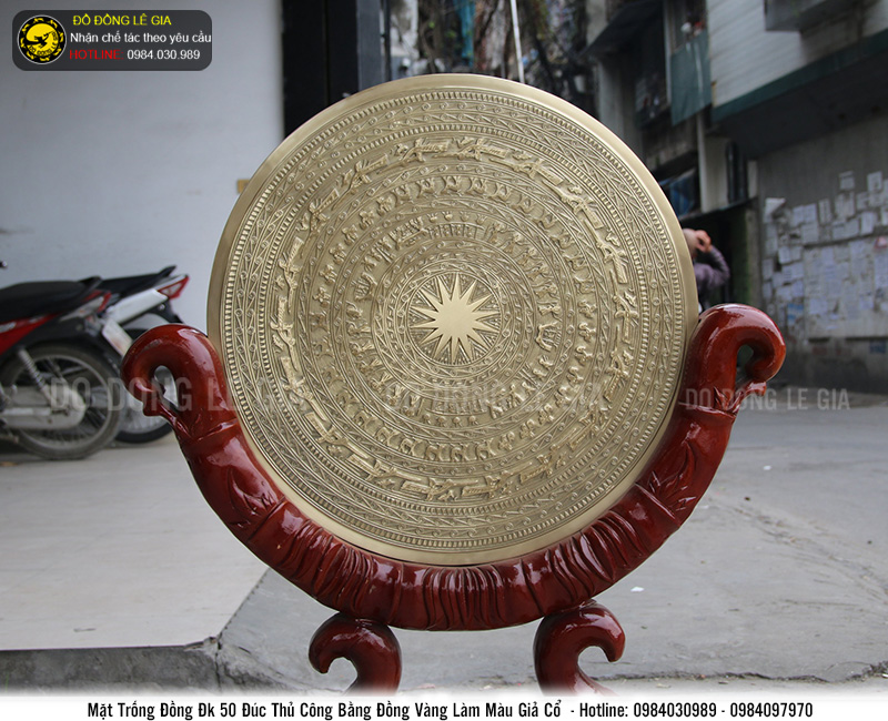 Mặt trống đồng đường kính 50cm đồng vàng màu giả cổ