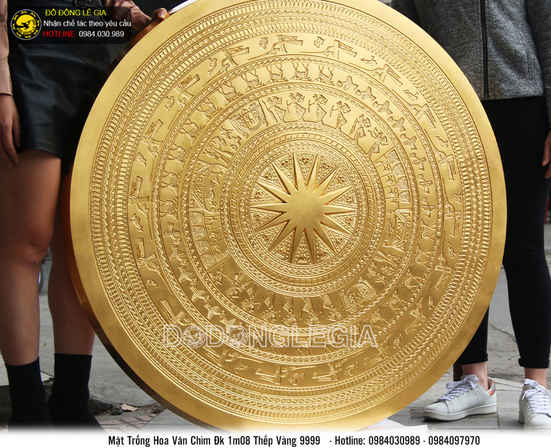 Mặt trống đồng hoa văn chìm thếp vàng 9999