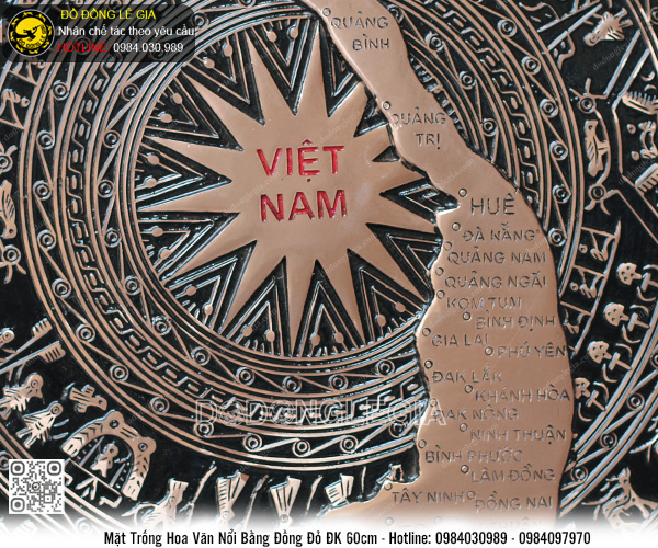 Mặt Trống đồng đỏ hoa văn nổi bản đồ đk 60cm